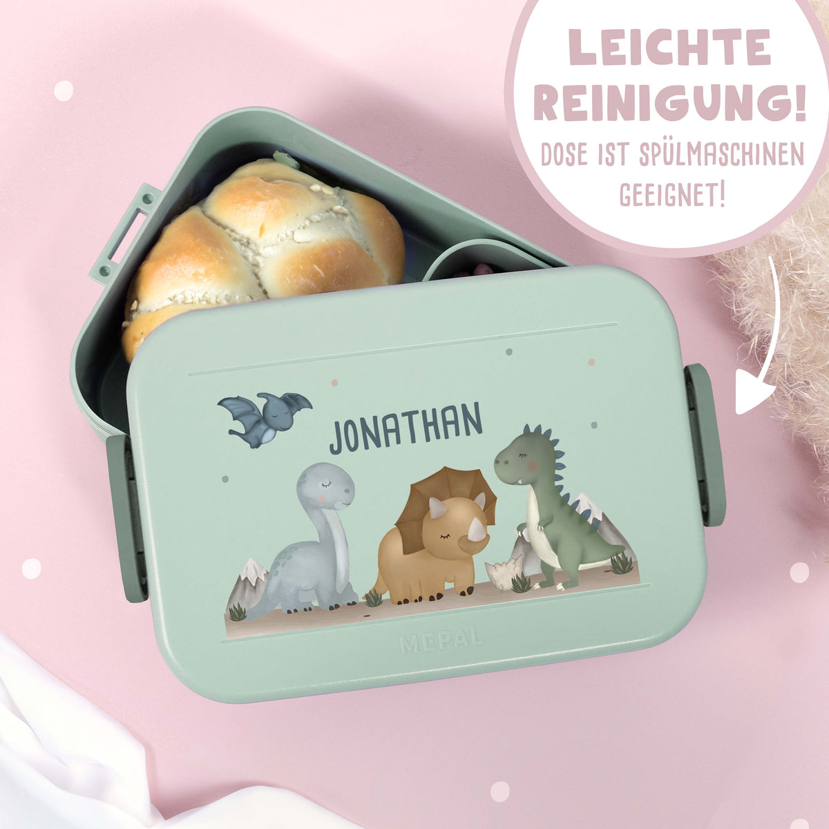 Personalisiertes Set Trinkflasche & Mepal Lunchbox "Dinowelt"