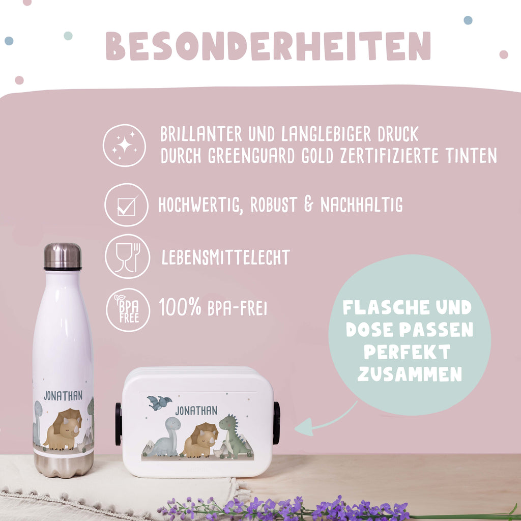 Personalisiertes Set Trinkflasche & Mepal Lunchbox "Dinowelt"