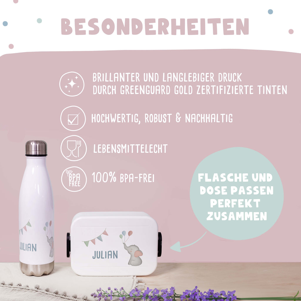 Personalisiertes Set Trinkflasche & Mepal Lunchbox "Elefant"