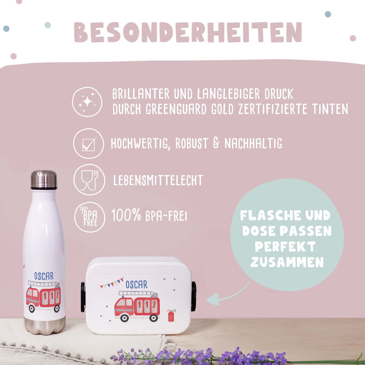 Personalisiertes Set Trinkflasche & Mepal Lunchbox "Feuerwehr"