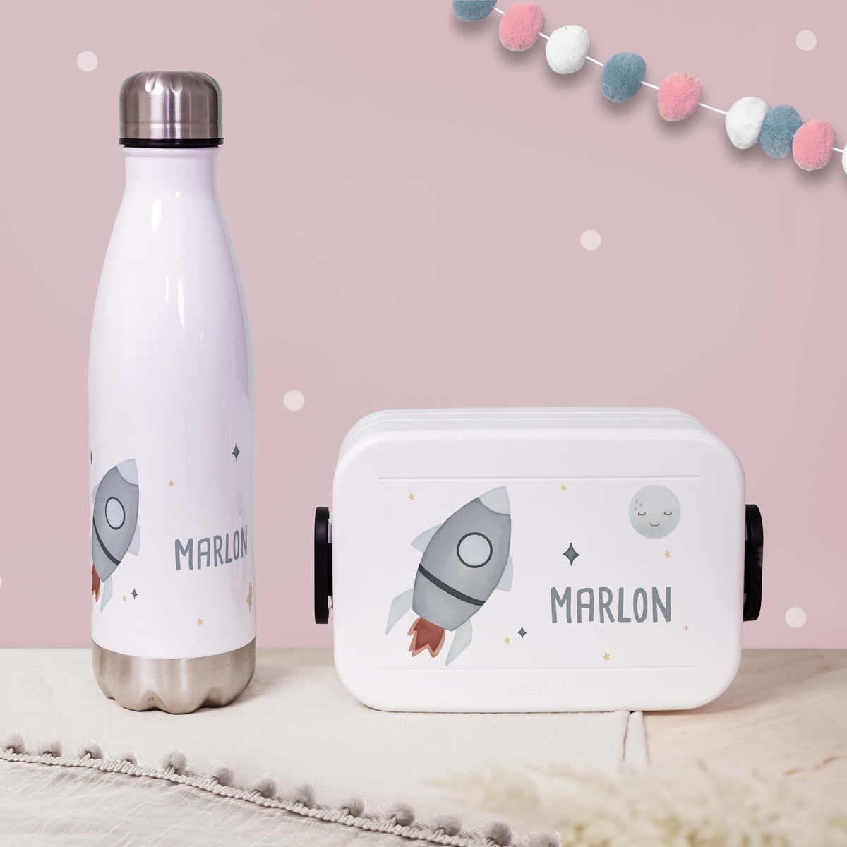 Personalisiertes Set Trinkflasche & Mepal Lunchbox "Rakete"