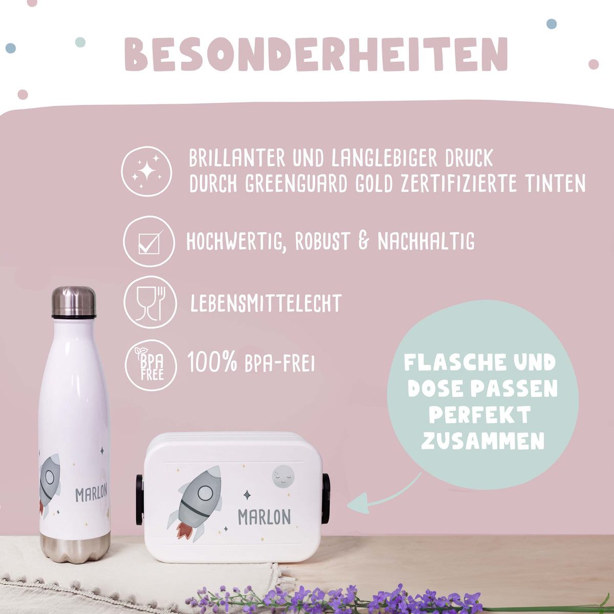 Personalisiertes Set Trinkflasche & Mepal Lunchbox "Rakete"
