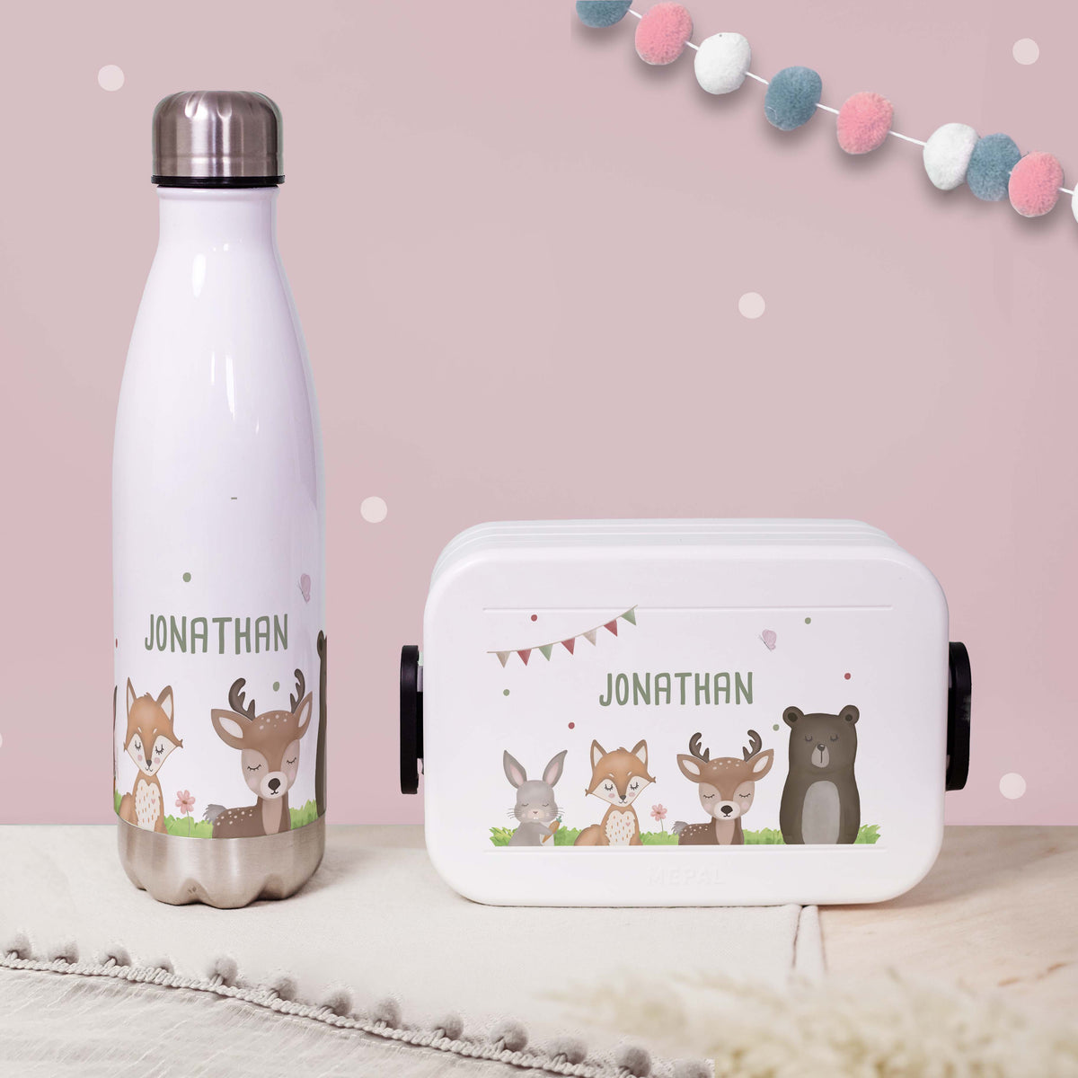 Personalisiertes Set Trinkflasche & Mepal Lunchbox "Wald"