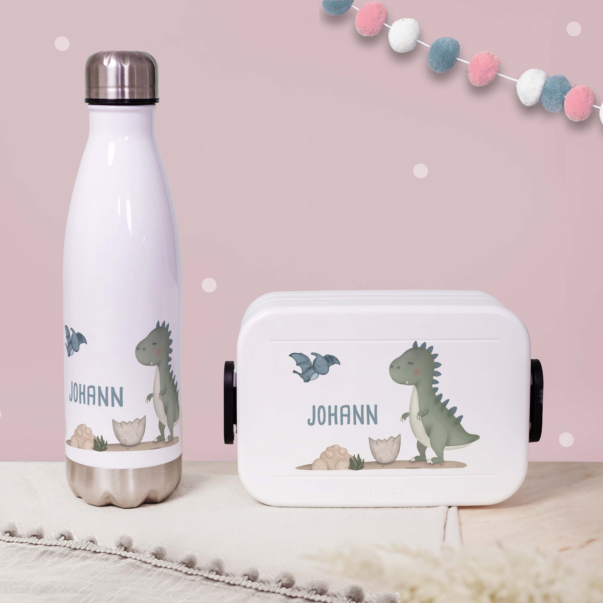 Personalisiertes Set Trinkflasche & Mepal Lunchbox "T-Rex"