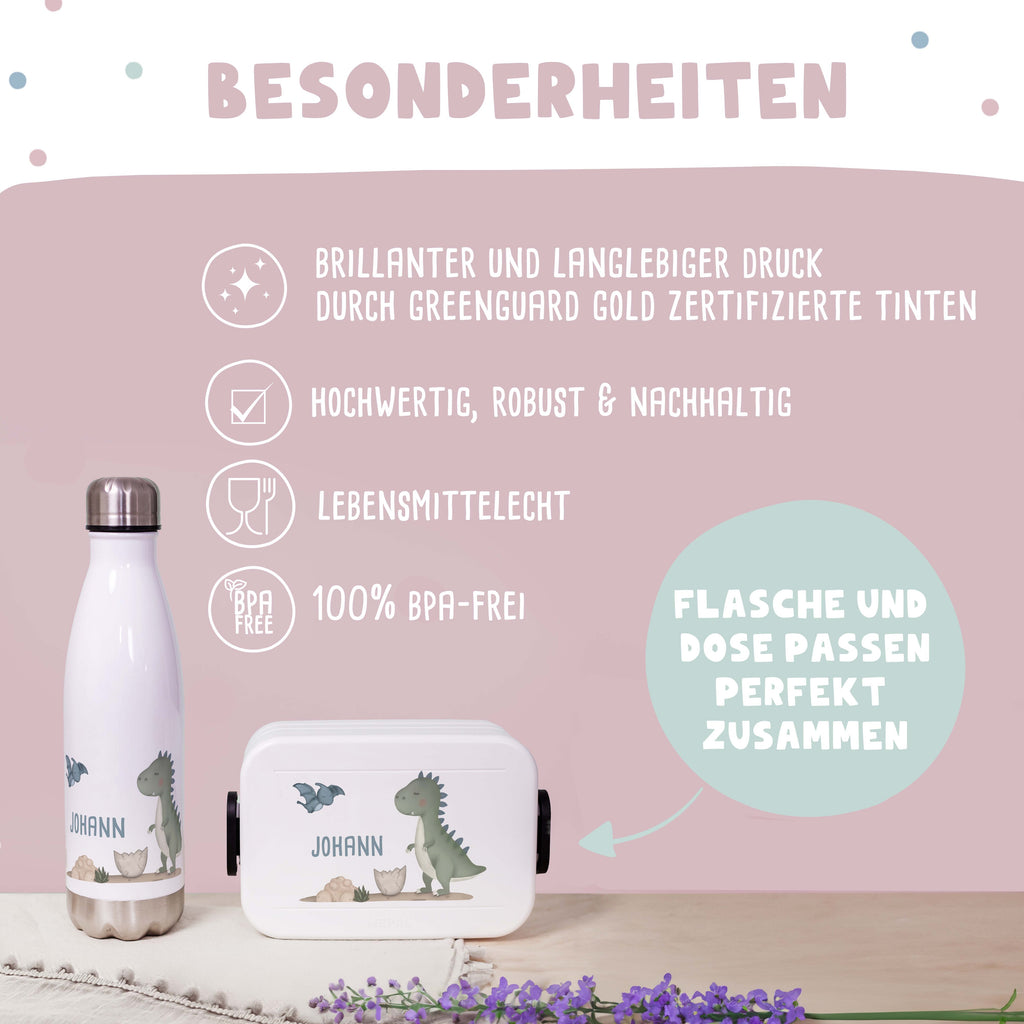 Personalisiertes Set Trinkflasche & Mepal Lunchbox "T-Rex"