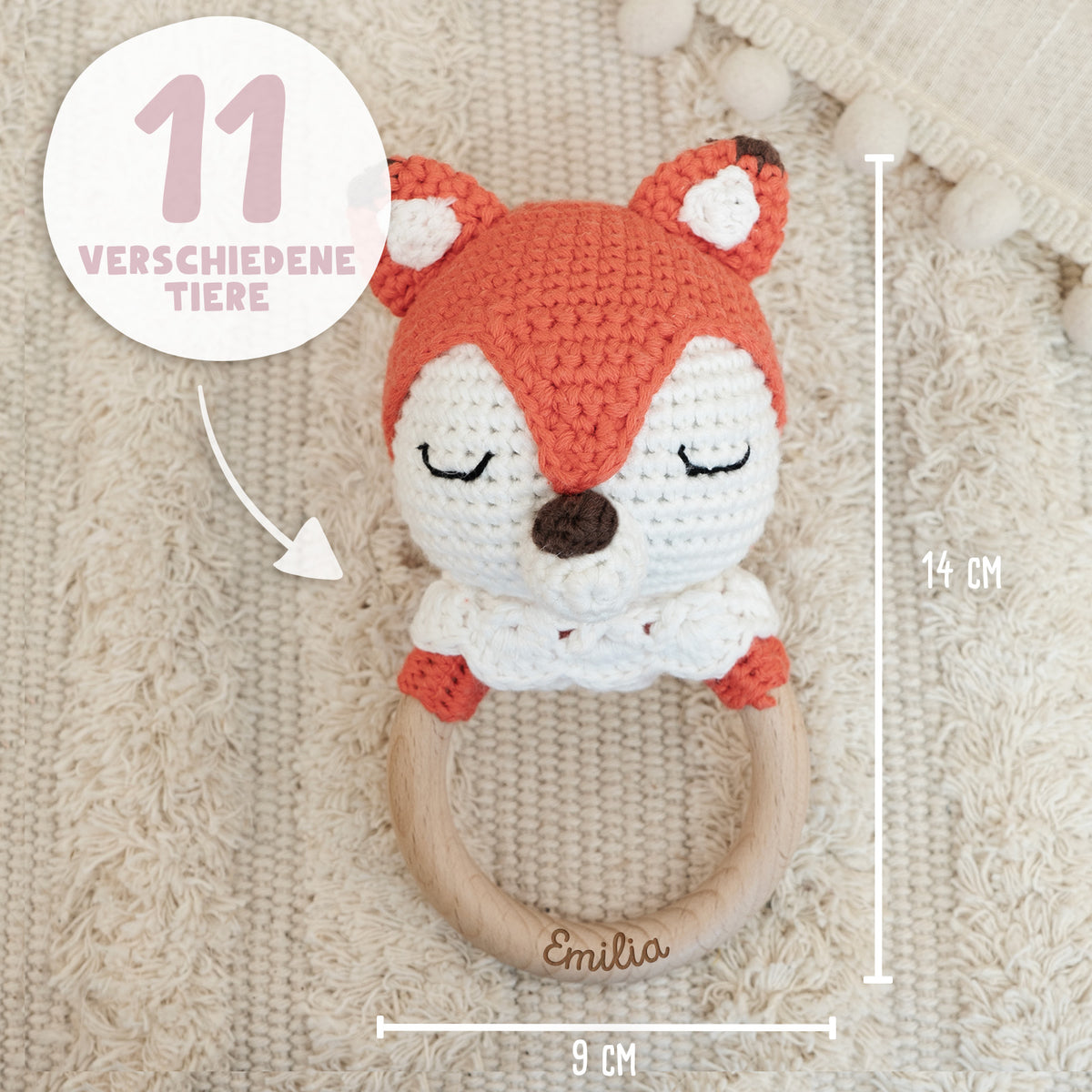 Personalisierte Babyrassel "Fuchs"