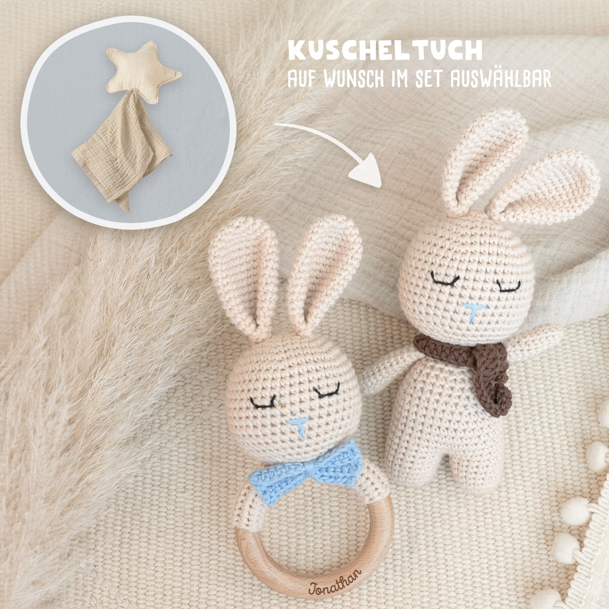 Set aus personalisierter Babyrassel und Kuscheltier "Hasenjunge"