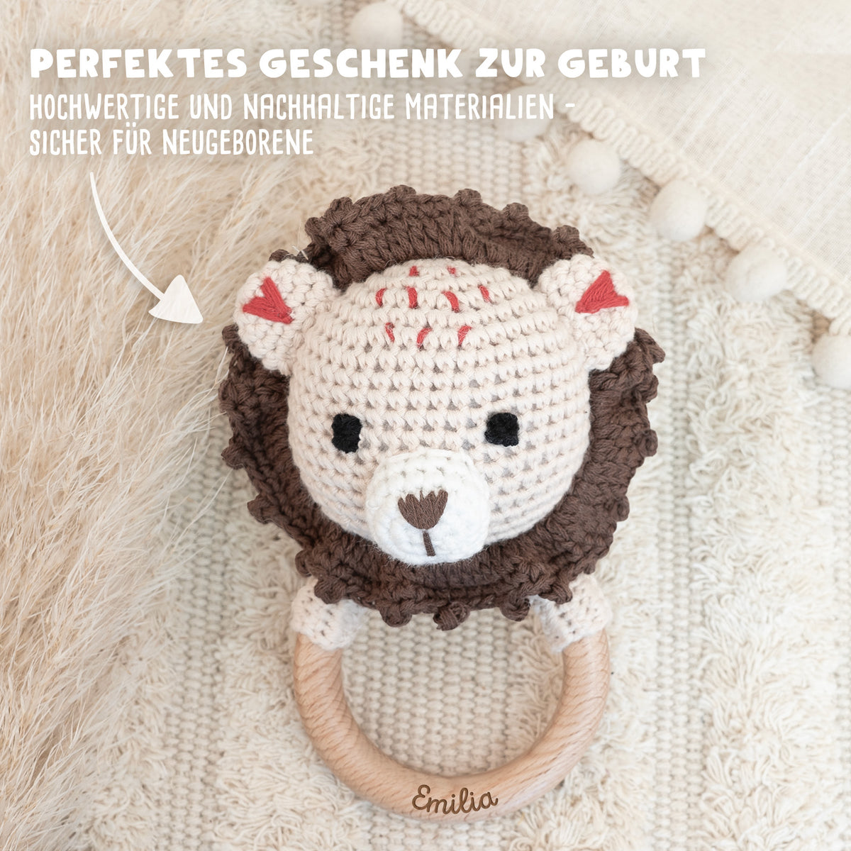 Personalisierte Babyrassel "Löwe"