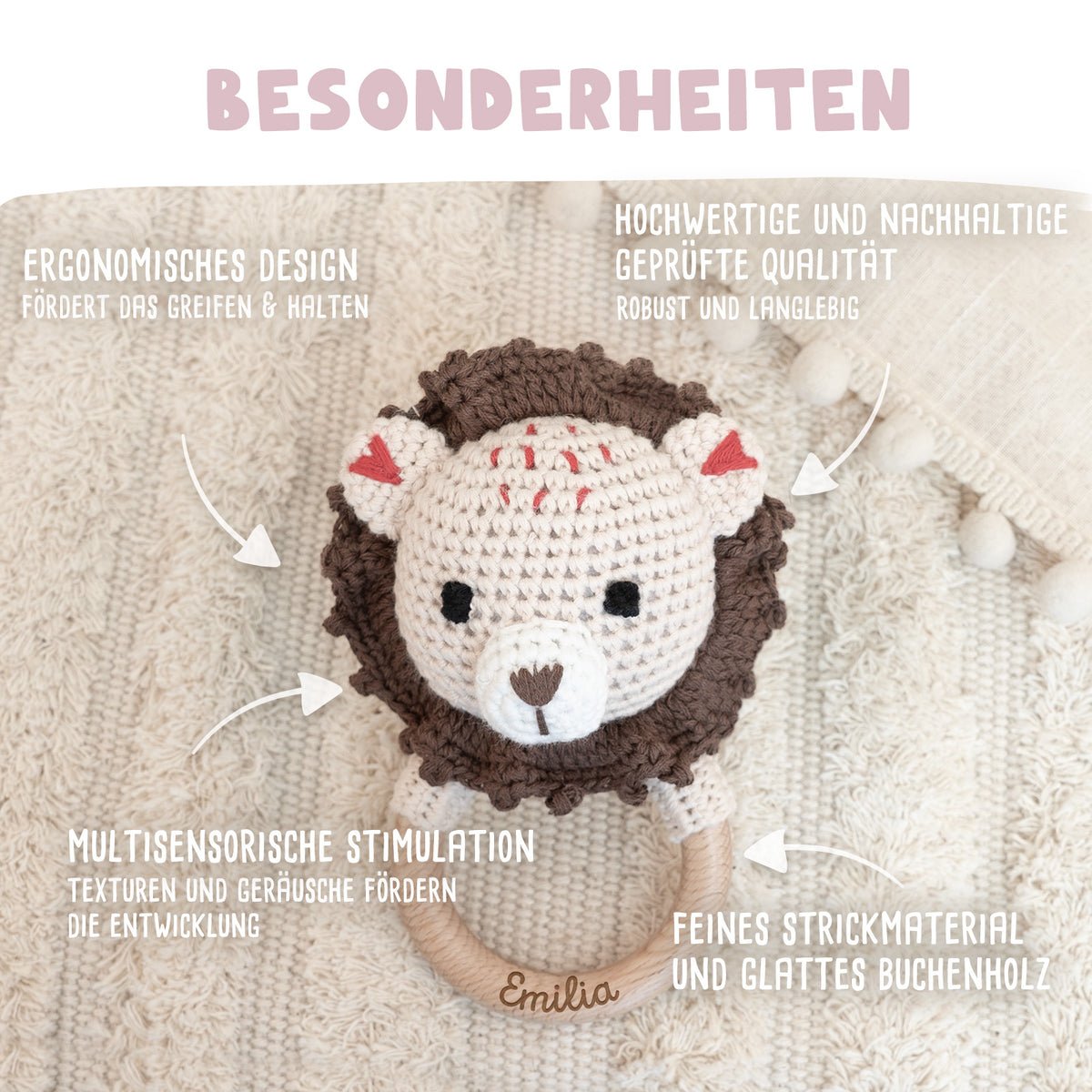 Personalisierte Babyrassel "Löwe"