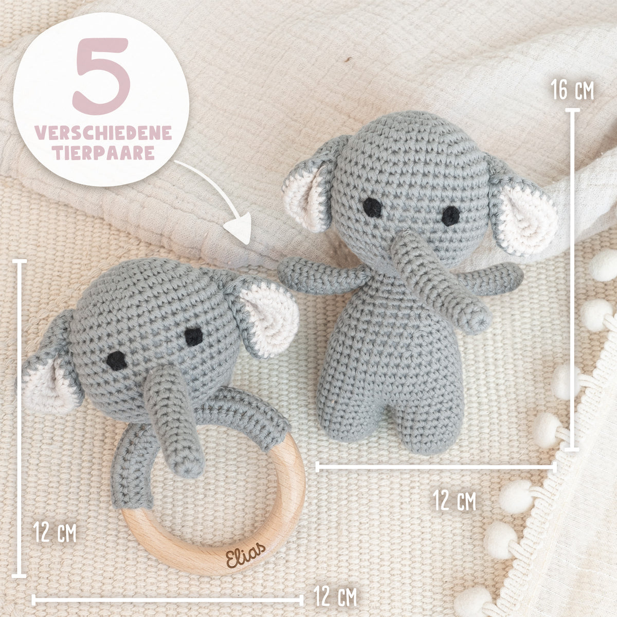 Set aus personalisierter Babyrassel und Kuscheltier "Elefant"