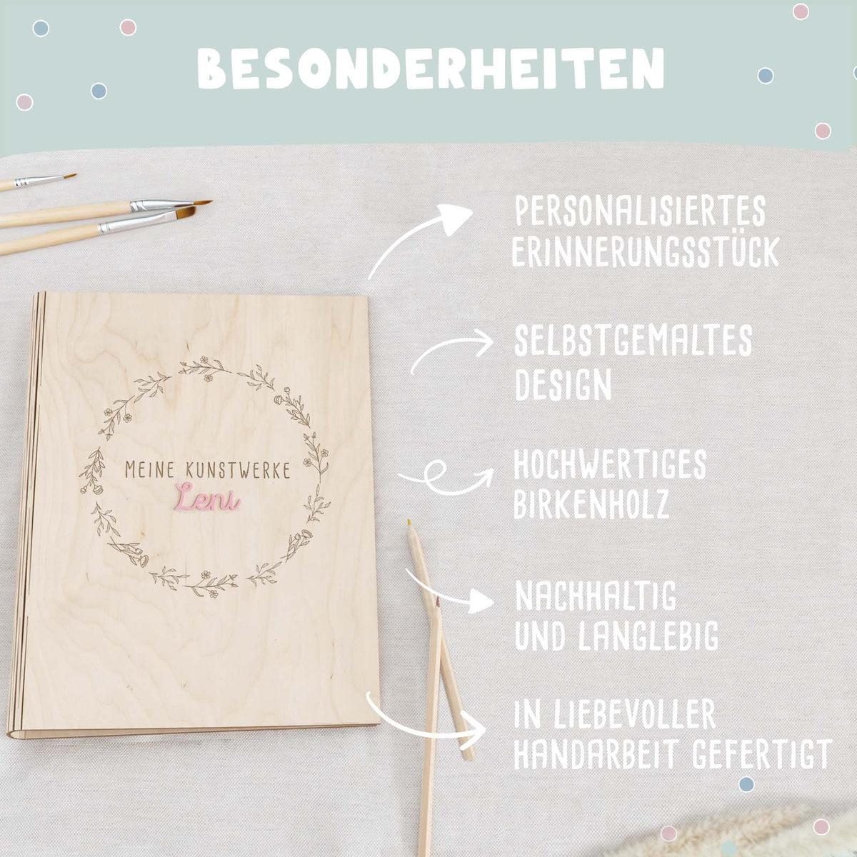 Personalisierte Kunstwerke-Mappe Gravur mit 3D-Name "Blumenkranz"