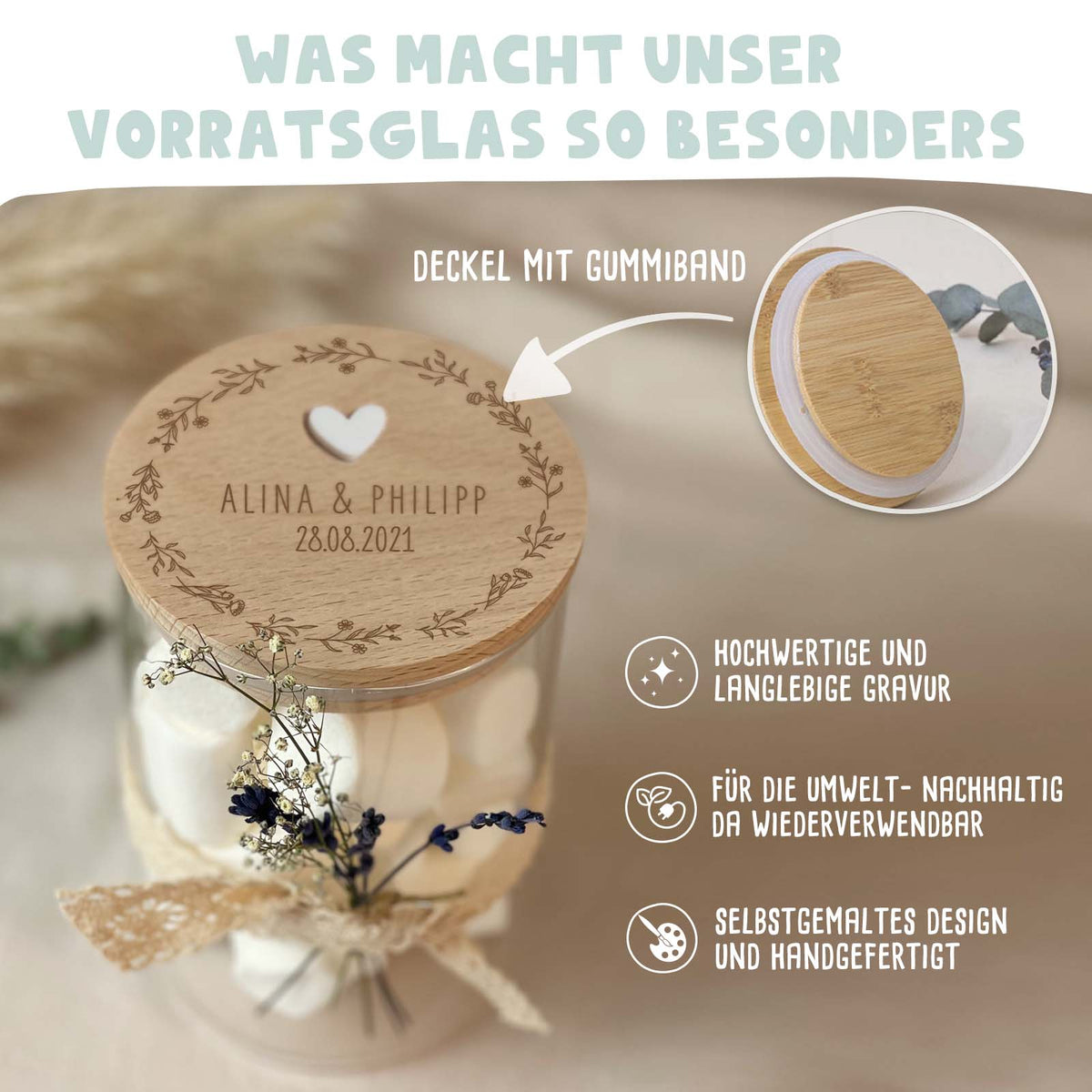 Personalisiertes Vorratsglas "Blumenkranz"-Gravur mit 3D-Herz Hochzeitsgeschenk