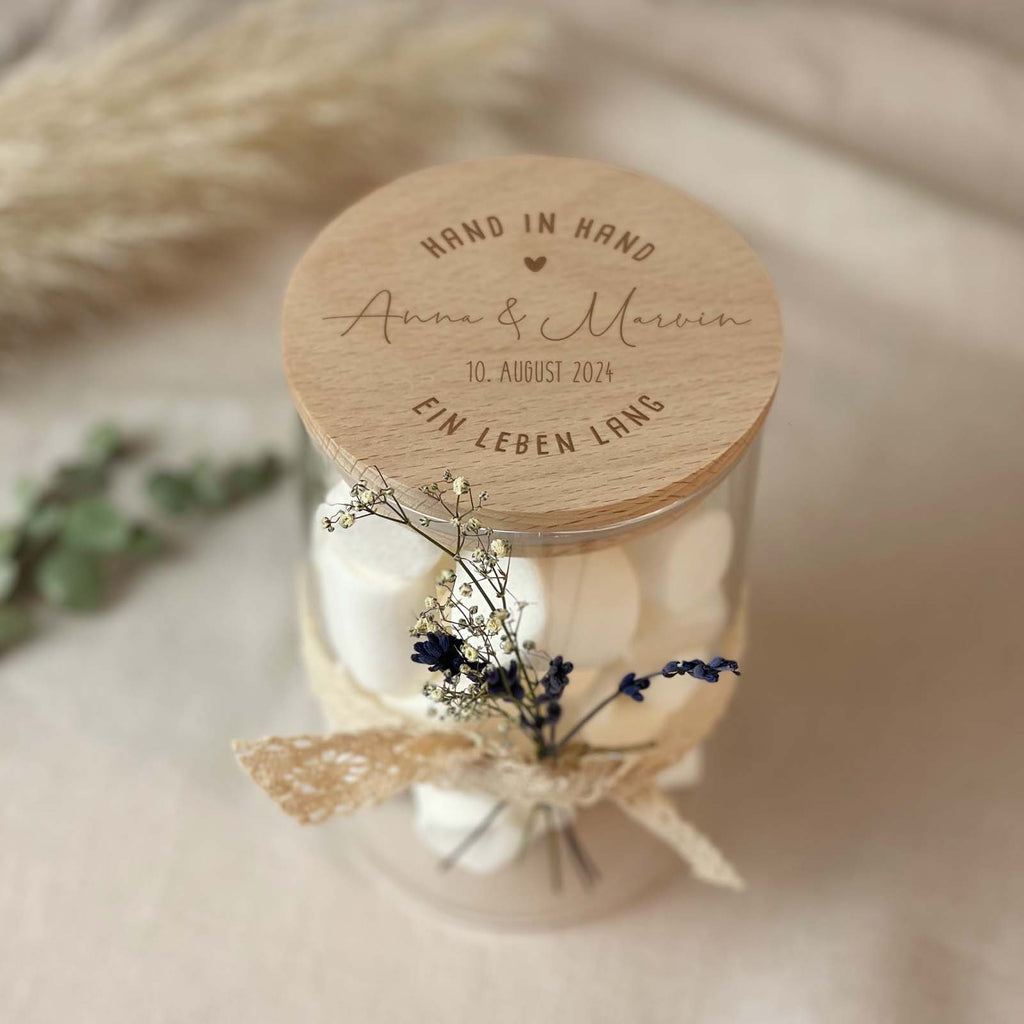 Personalisiertes Vorratsglas "Hand in Hand"-Gravur Hochzeitsgeschenk