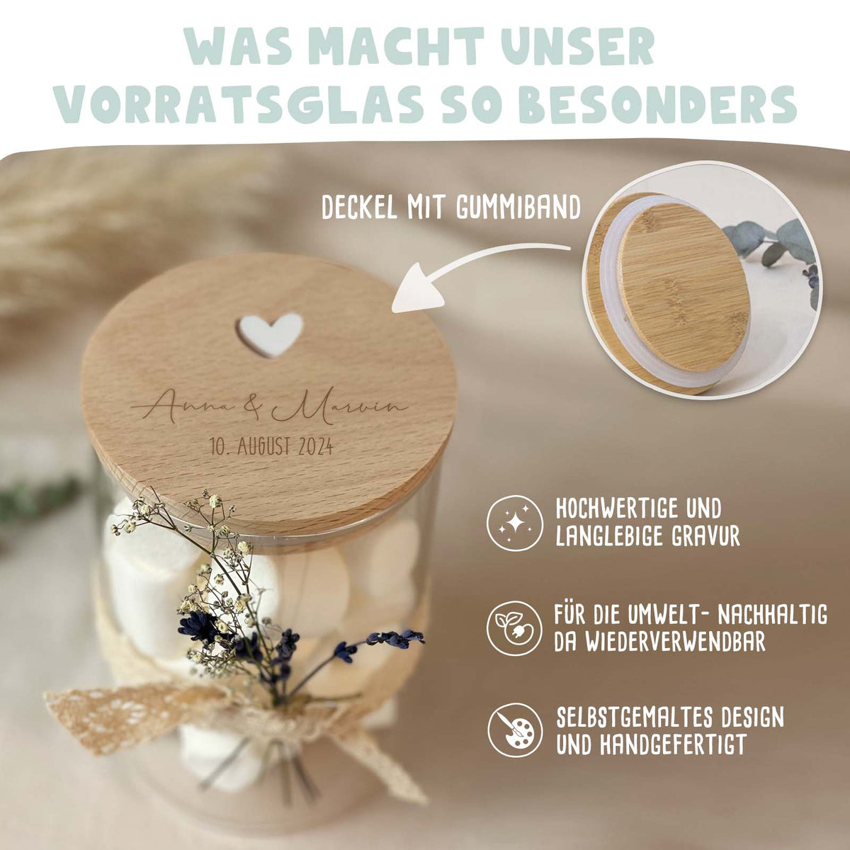 Personalisiertes Vorratsglas Namensgravur mit 3D-Herz Hochzeitsgeschenk