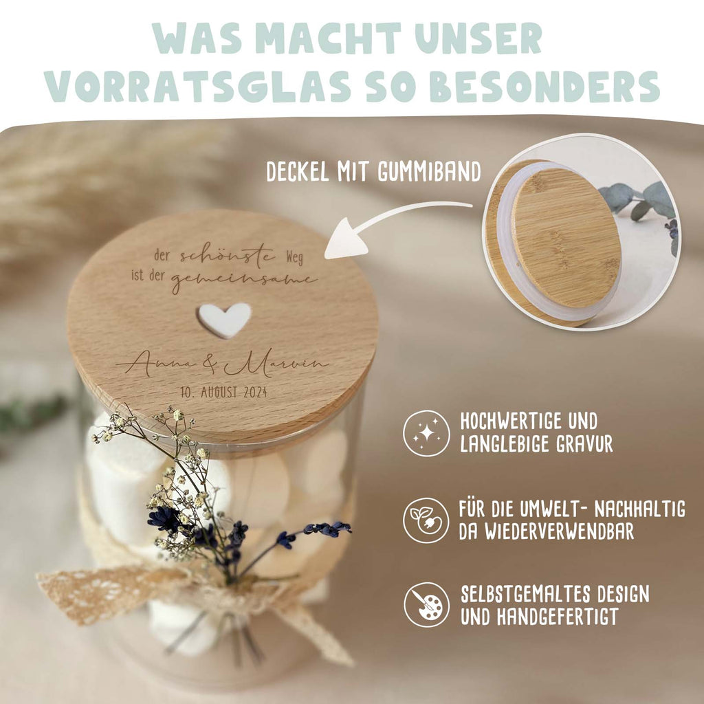 Personalisiertes Vorratsglas "Gemeinsamer Weg"-Gravur mit 3D-Herz Hochzeitsgeschenk