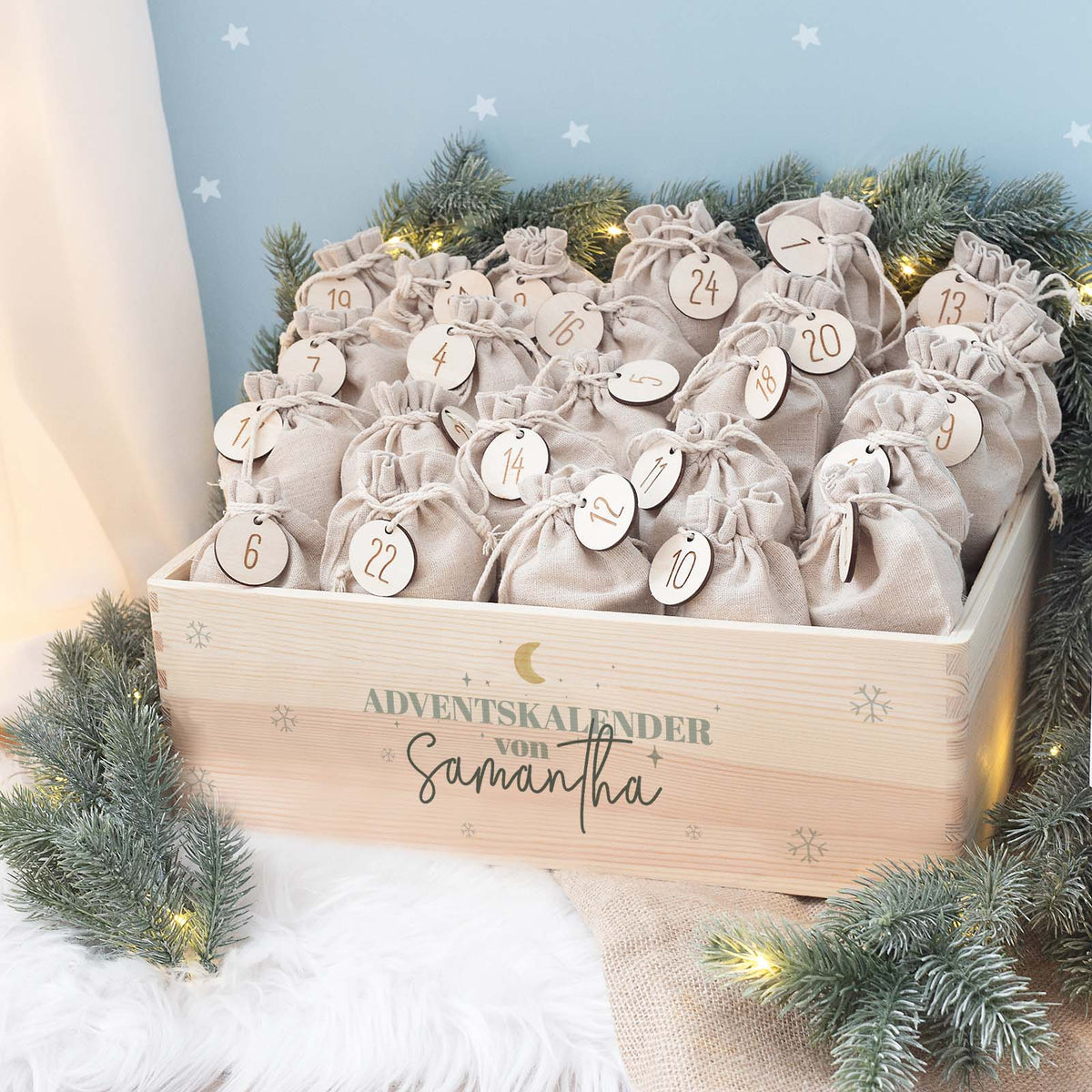 Aquarell-Adventskiste "Mond", Adventskalender zum Befüllen