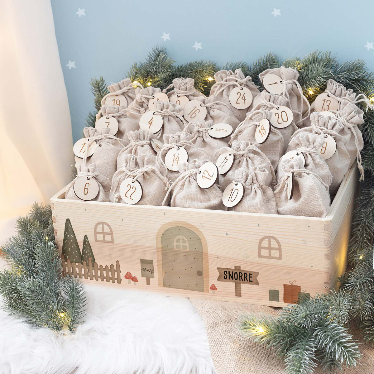 Aquarell-Adventskiste "Wichtel", Adventskalender zum Befüllen