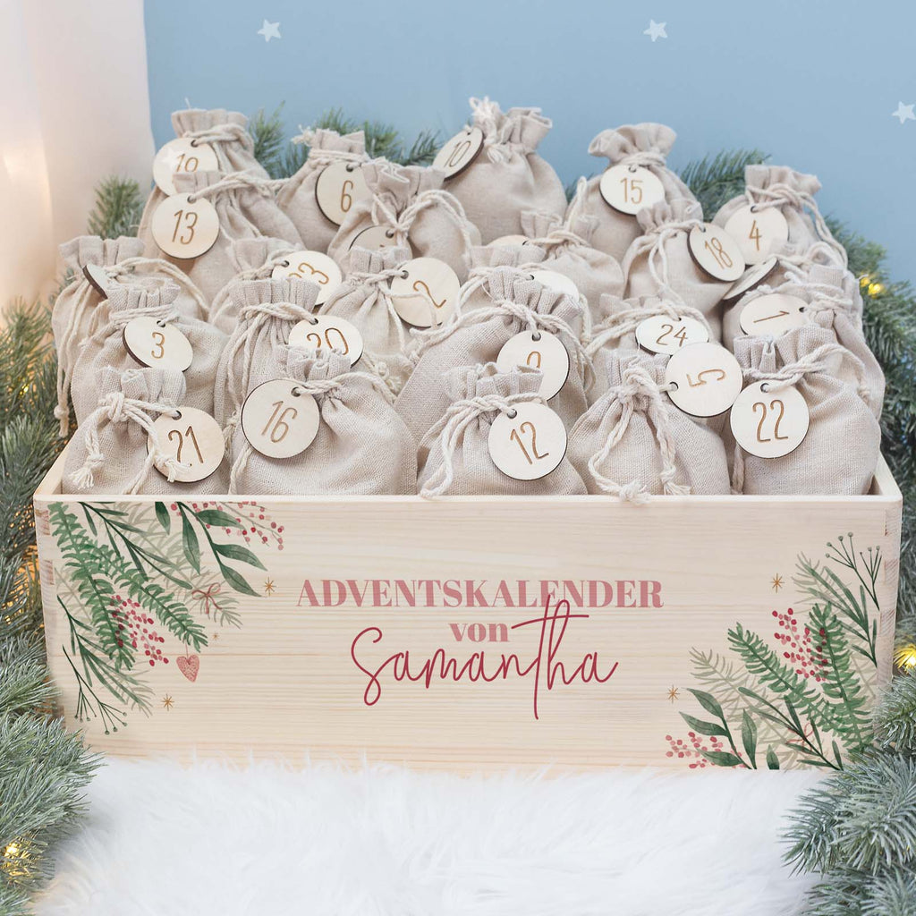 Aquarell-Adventskiste "Zweige in den Ecken", Adventskalender zum Befüllen