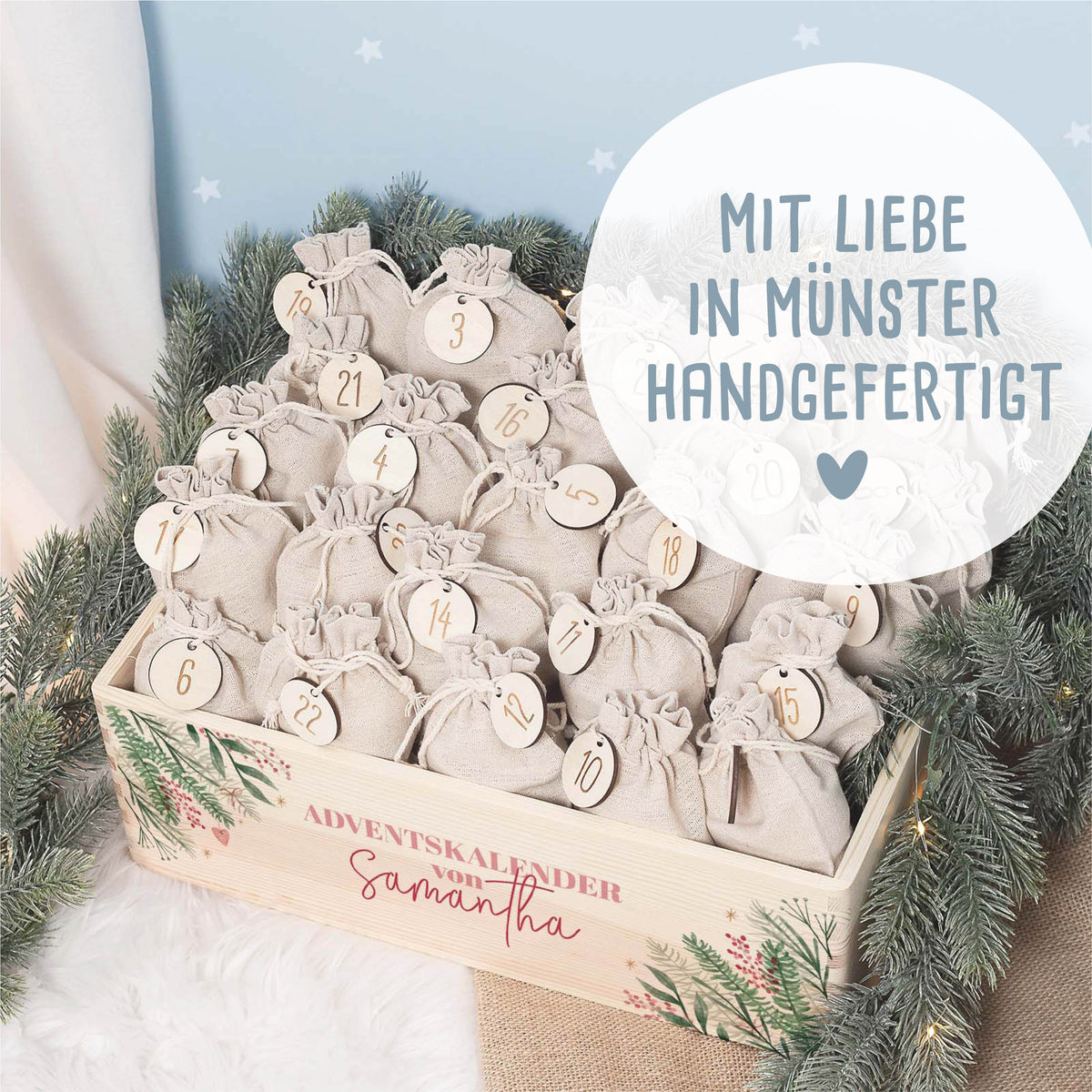 Aquarell-Adventskiste "Zweige in den Ecken", Adventskalender zum Befüllen