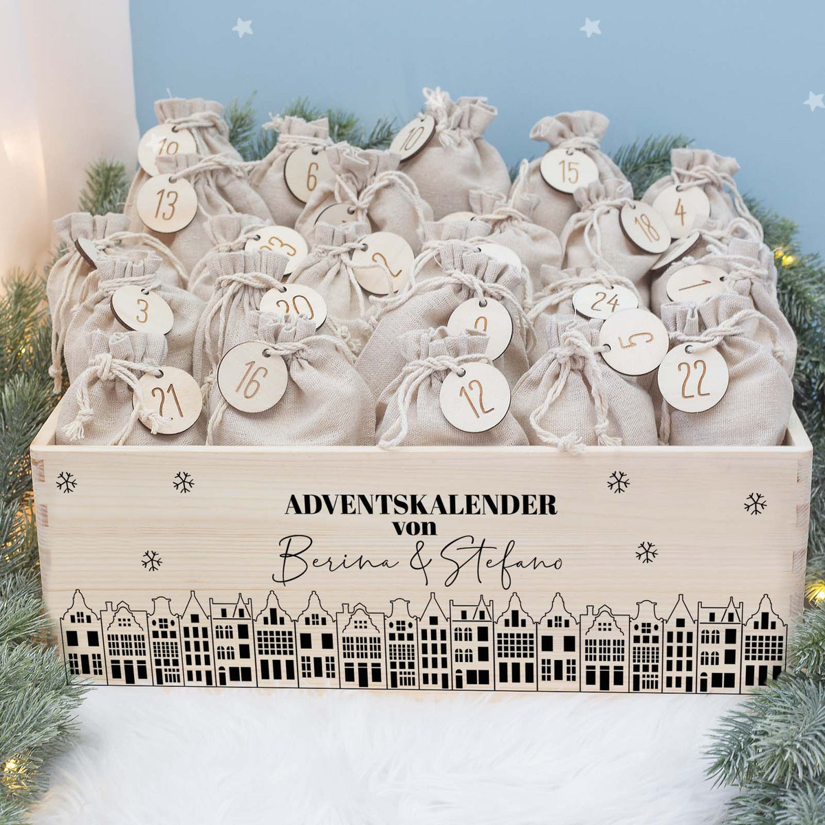 Aquarell-Adventskiste für Paare "Stadt", Pärchen-Adventskalender zum Befüllen