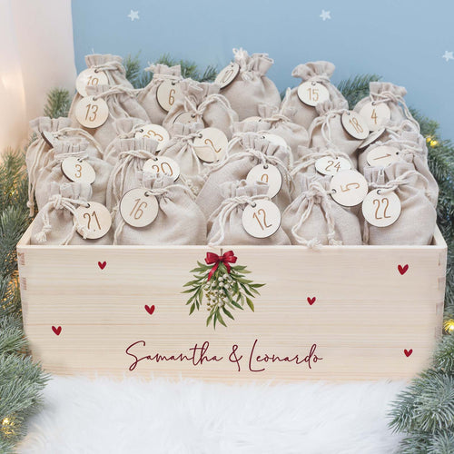 Aquarell-Adventskiste für Paare "Mistelzweig", Pärchen-Adventskalender zum Befüllen