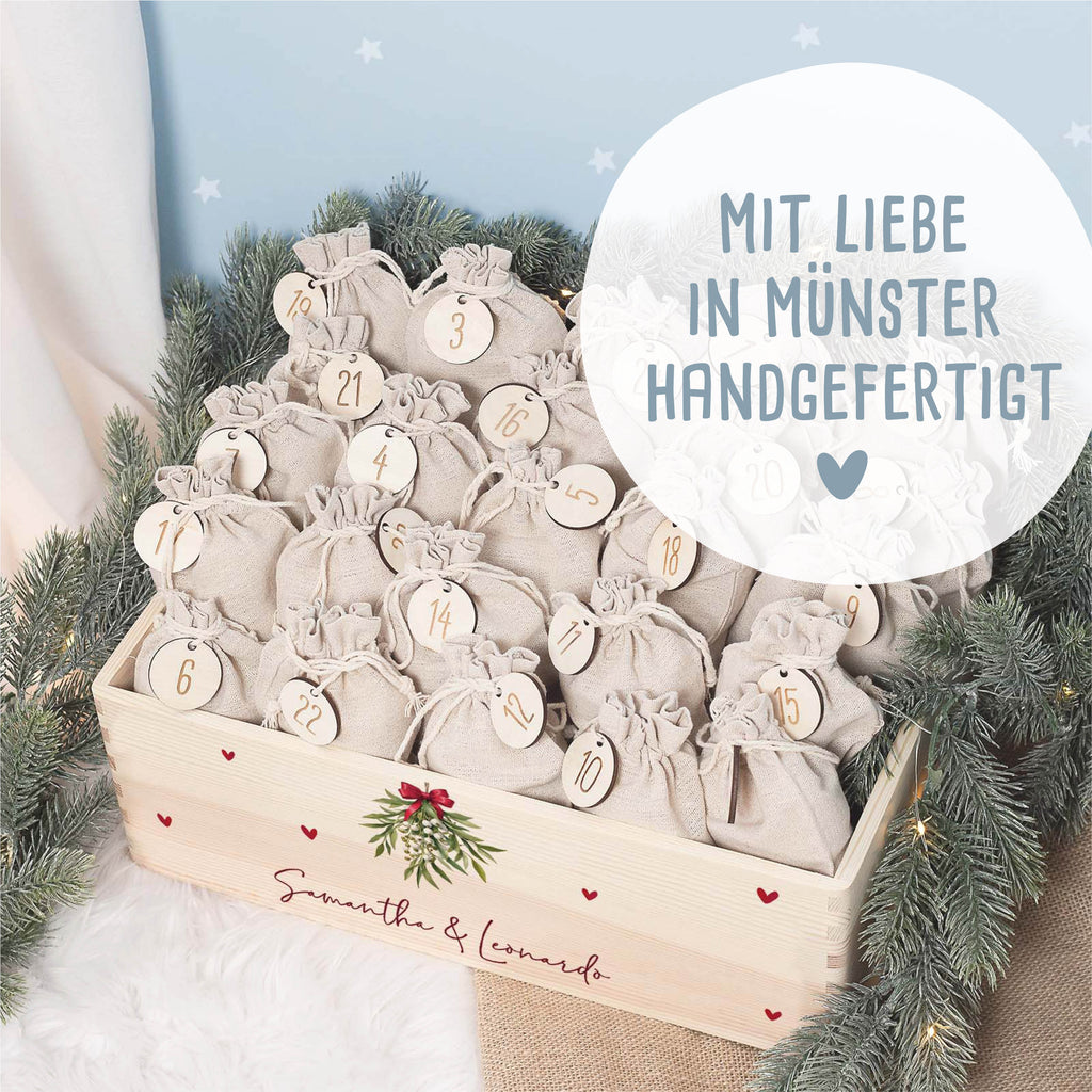 Aquarell-Adventskiste für Paare "Mistelzweig", Pärchen-Adventskalender zum Befüllen