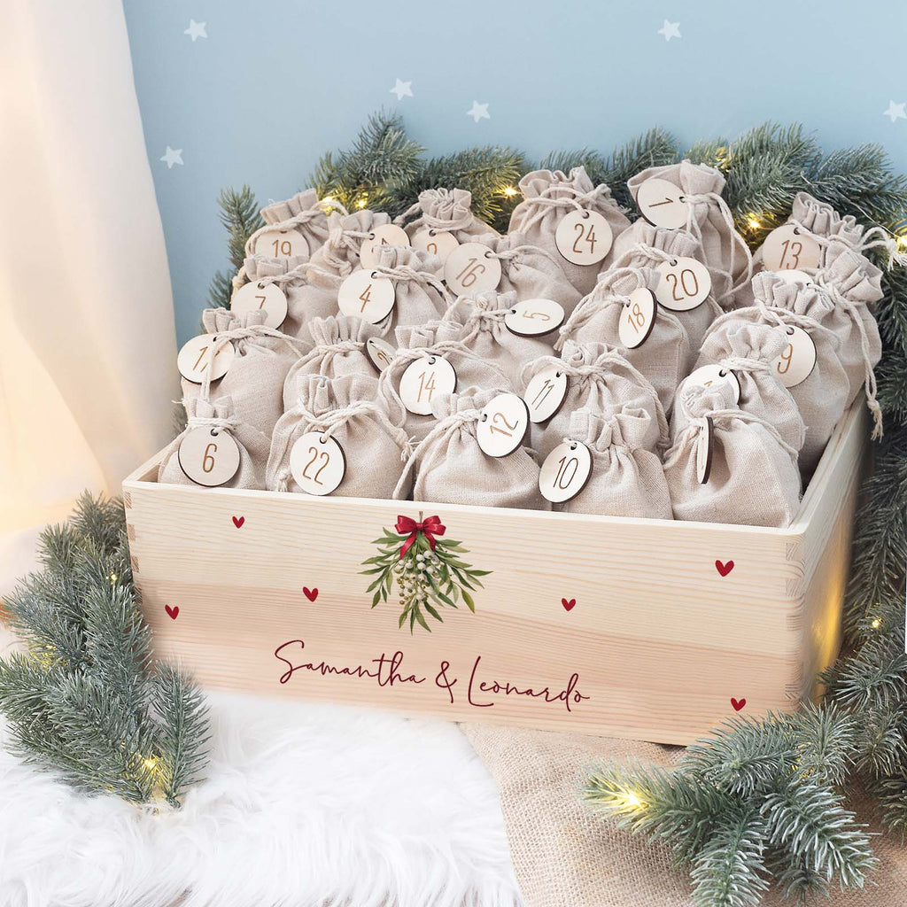 Aquarell-Adventskiste für Paare "Mistelzweig", Pärchen-Adventskalender zum Befüllen