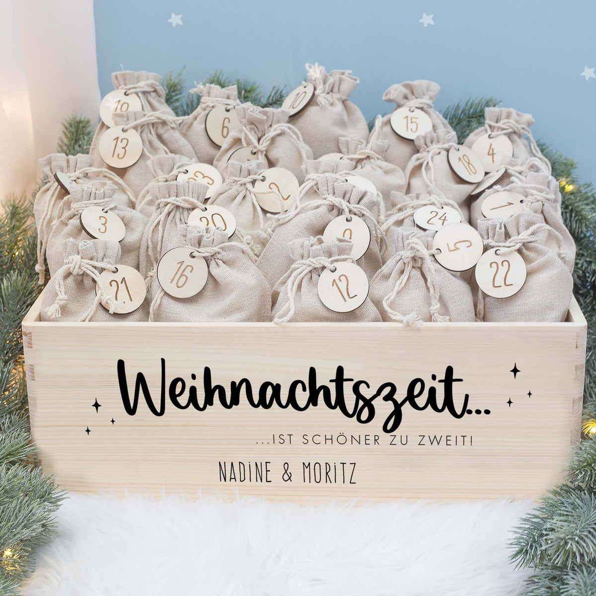Aquarell-Adventskiste für Paare "Weihnachtszeit", Pärchen-Adventskalender zum Befüllen