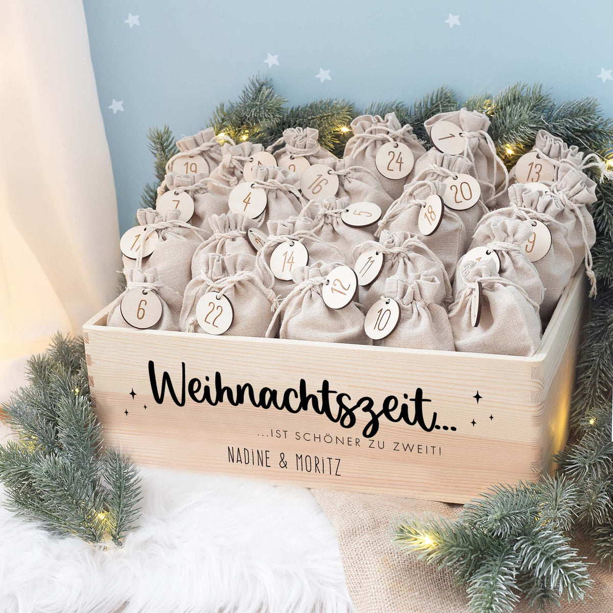 Aquarell-Adventskiste für Paare "Weihnachtszeit", Pärchen-Adventskalender zum Befüllen