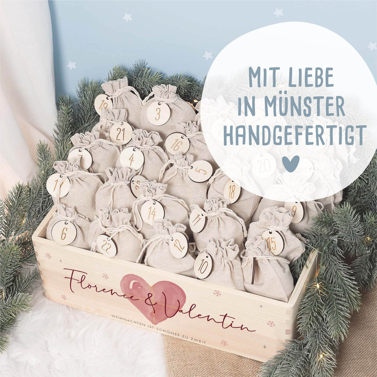 Aquarell-Adventskiste für Paare "Herz", Pärchen-Adventskalender zum Befüllen