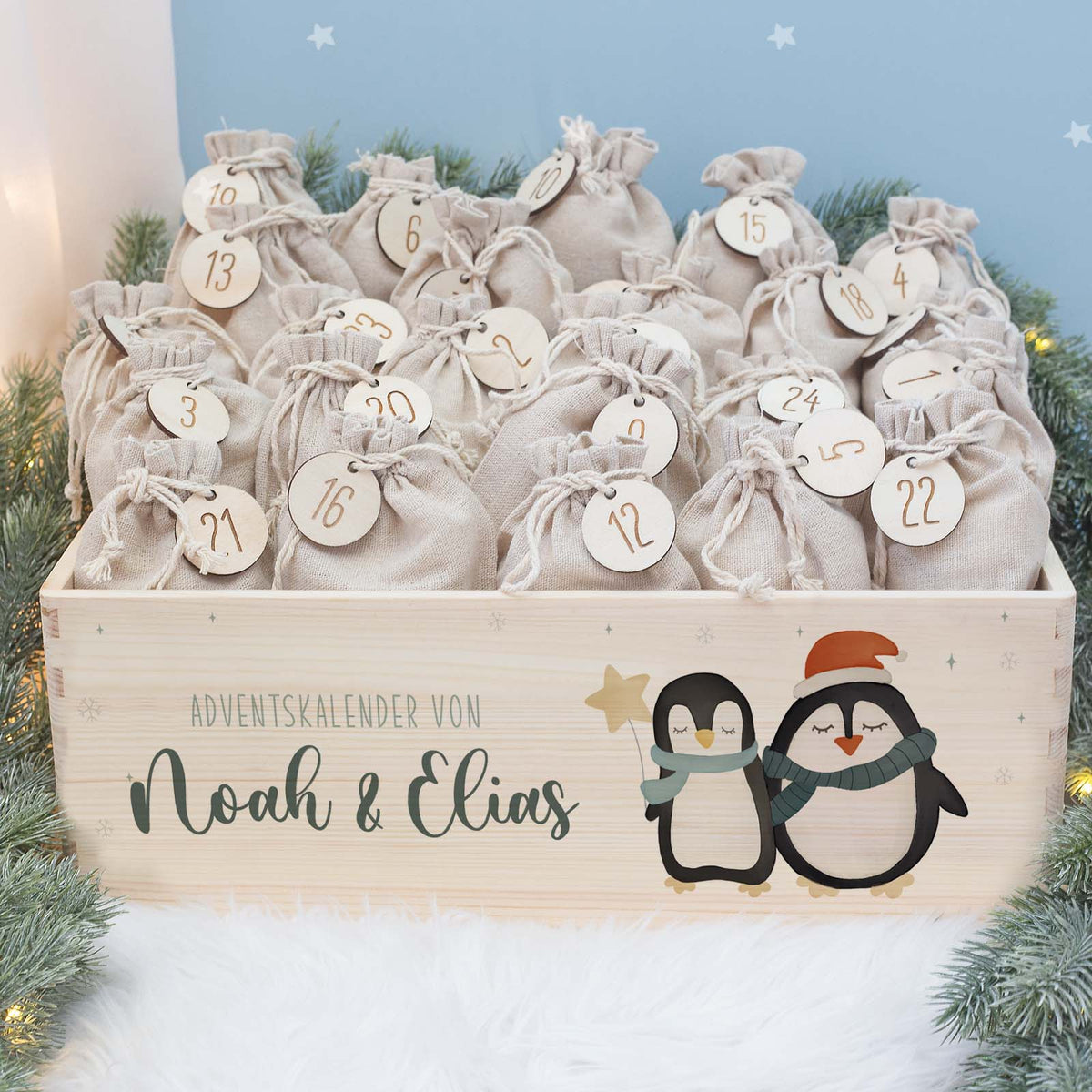 Aquarell-Adventskiste für Geschwister "Pinguine", Geschwister-Adventskalender zum Befüllen