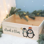 Aquarell-Adventskiste für Geschwister "Pinguine", Geschwister-Adventskalender zum Befüllen