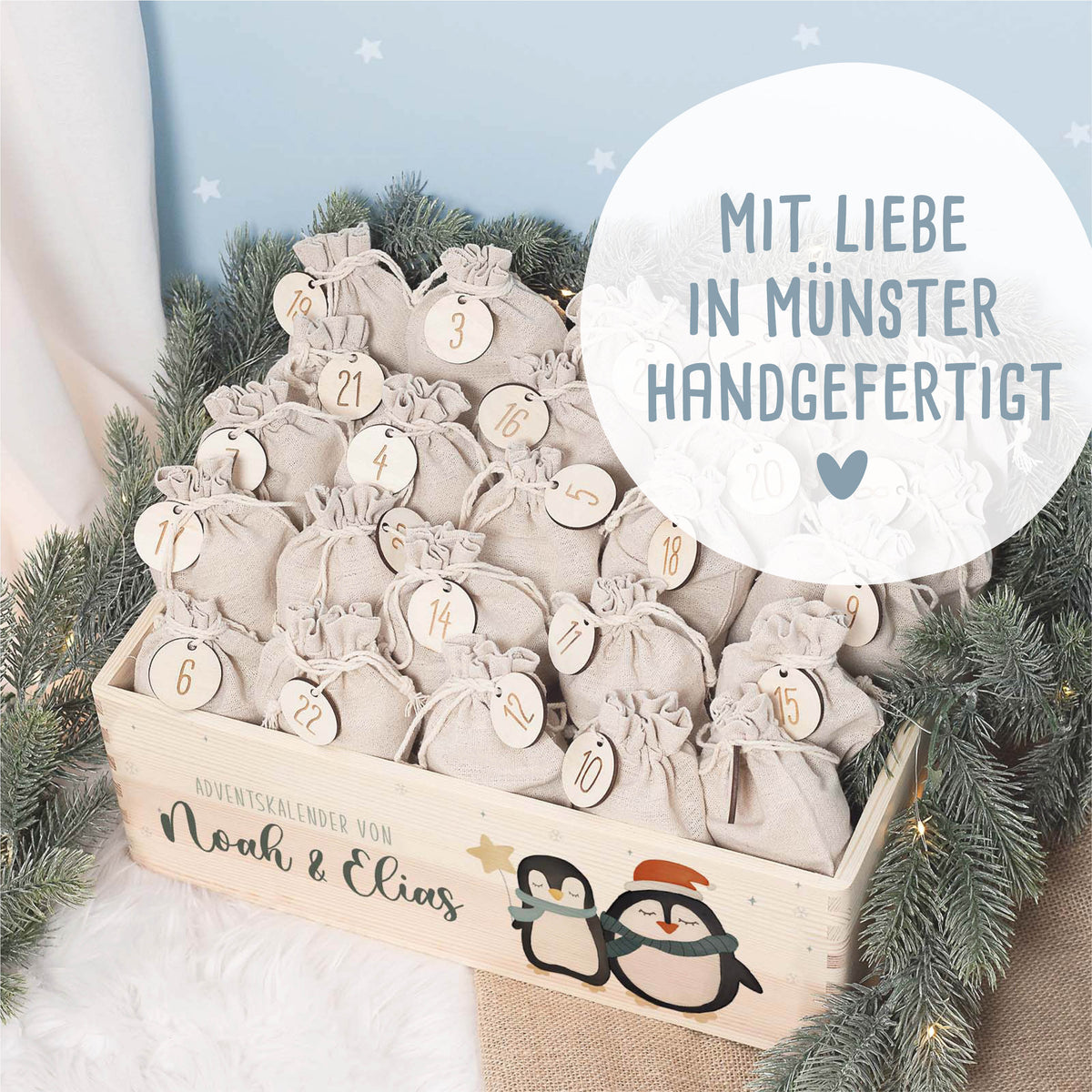 Aquarell-Adventskiste für Geschwister "Pinguine", Geschwister-Adventskalender zum Befüllen