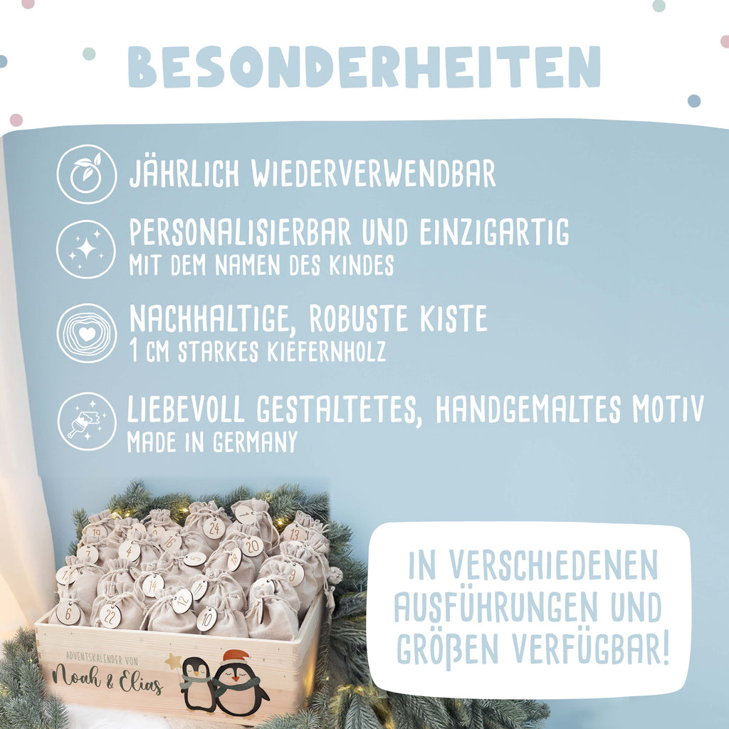 Aquarell-Adventskiste für Geschwister "Pinguine", Geschwister-Adventskalender zum Befüllen
