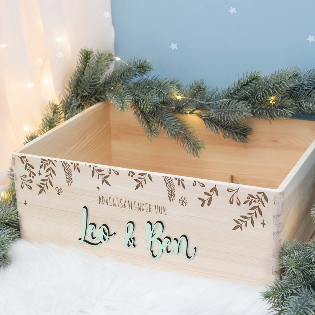 Adventskiste für Geschwister "Zweige mit 3D-Name", Geschwister-Adventskalender zum Befüllen