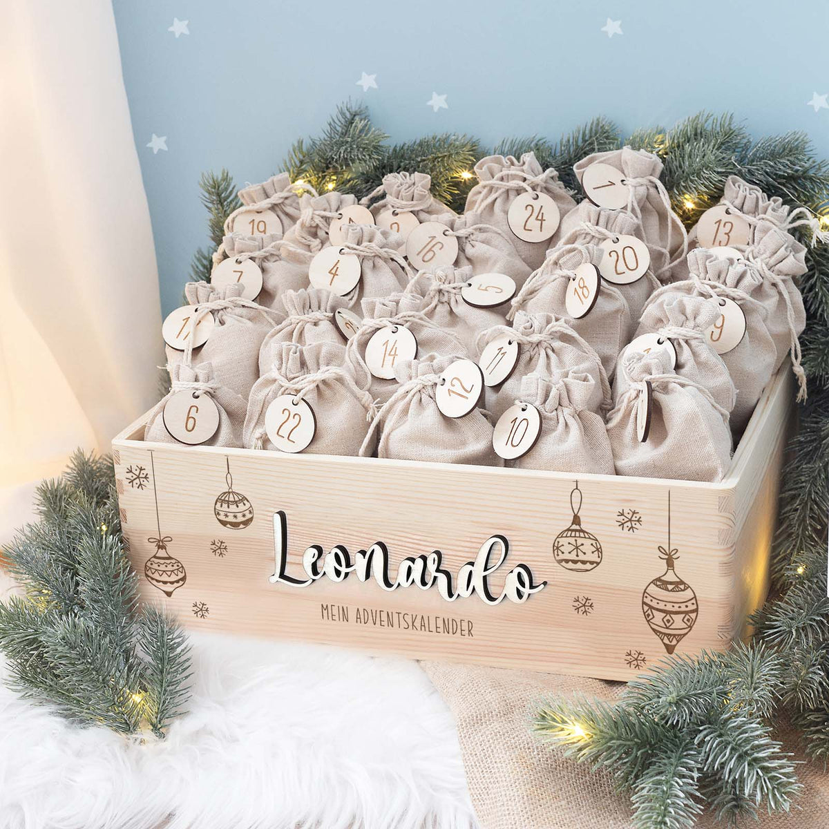 Adventskiste "Weihnachtskugeln mit 3D-Name", Adventskalender zum Befüllen