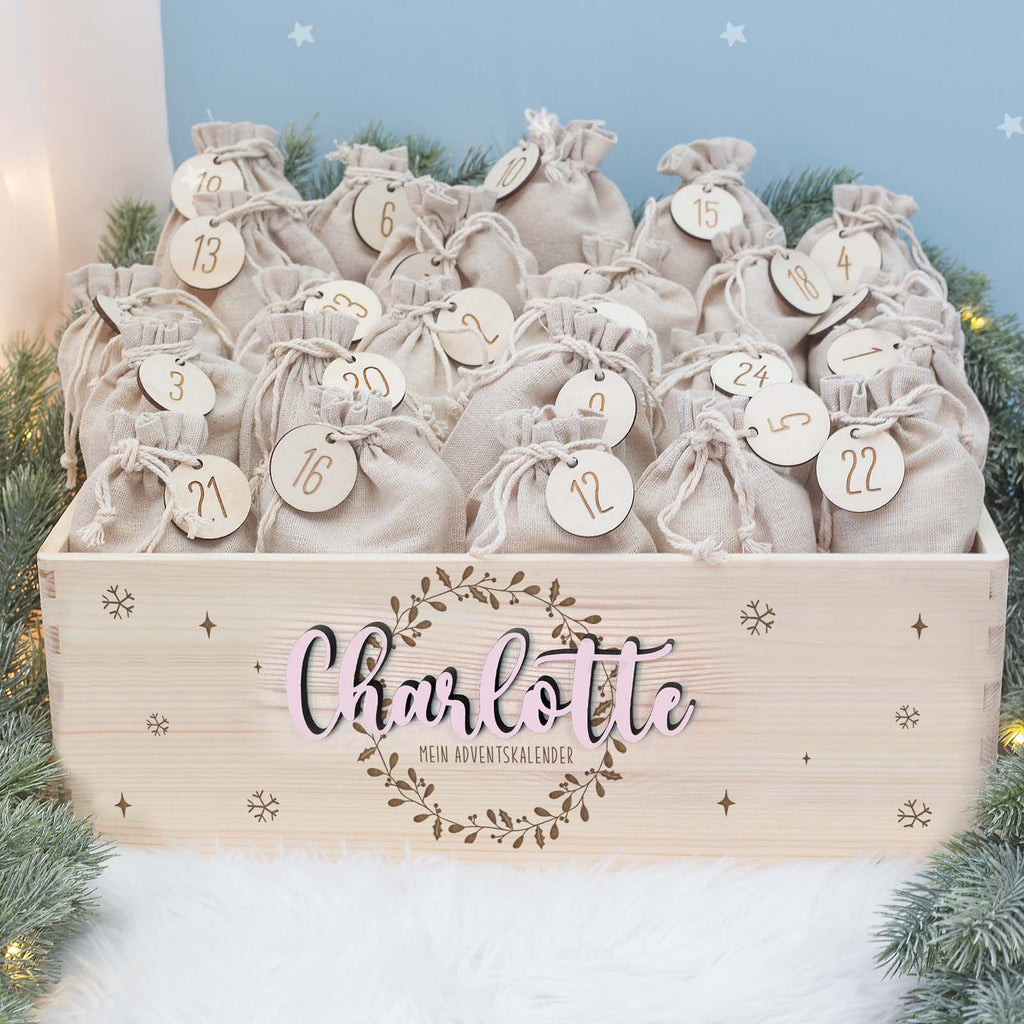 Adventskiste "Weihnachtskranz mit 3D-Name", Adventskalender zum Befüllen