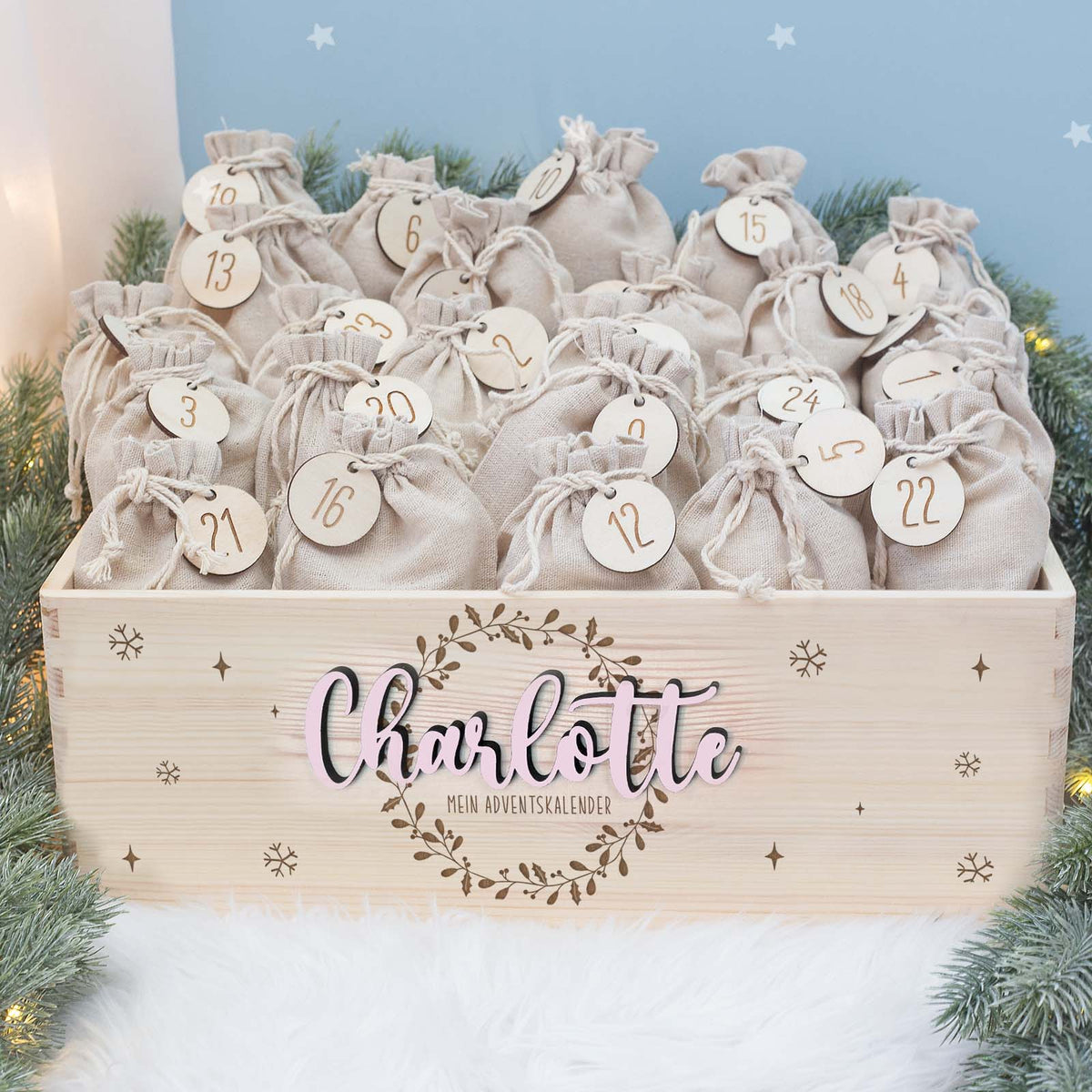 Adventskiste "Weihnachtskranz mit 3D-Name", Adventskalender zum Befüllen