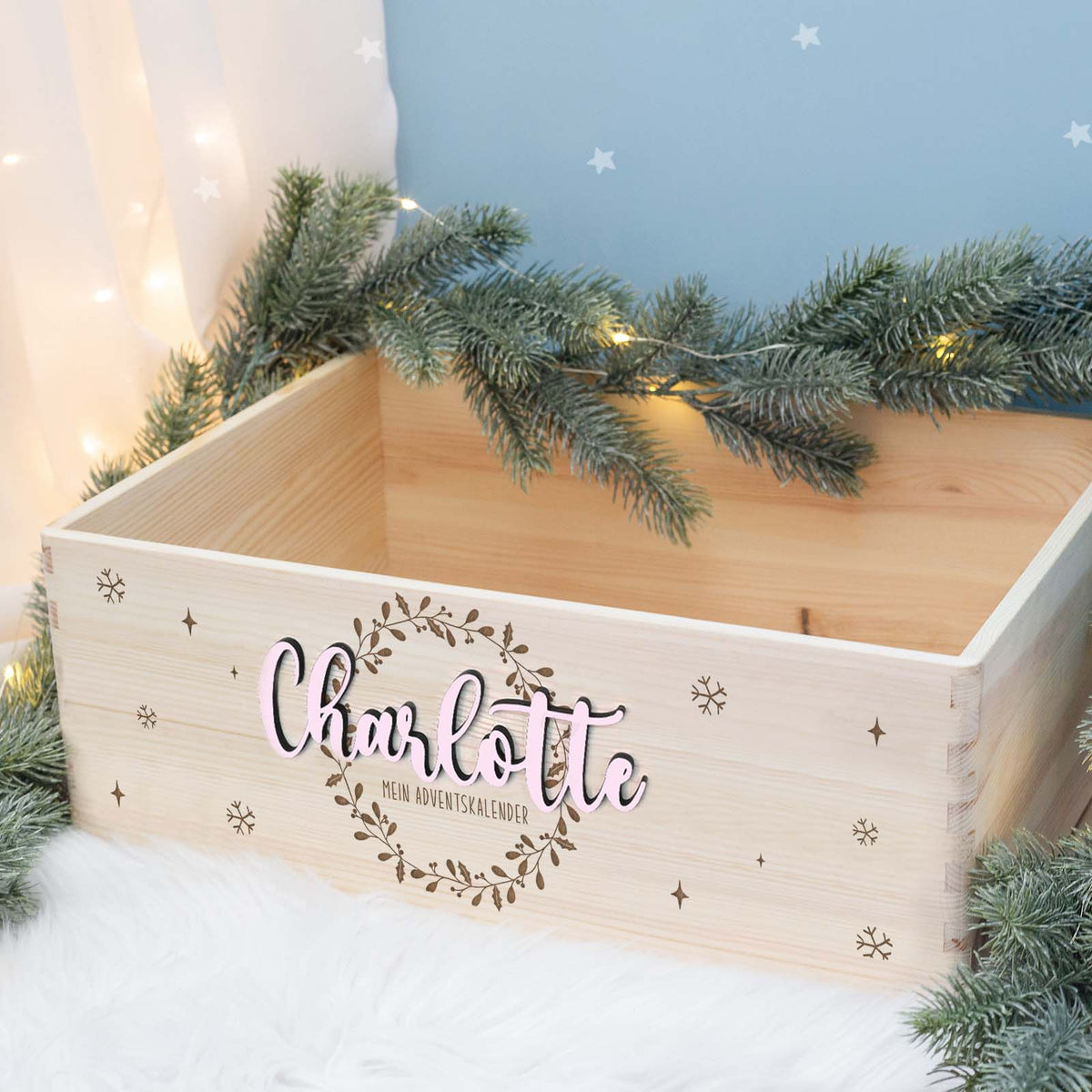 Adventskiste "Weihnachtskranz mit 3D-Name", Adventskalender zum Befüllen