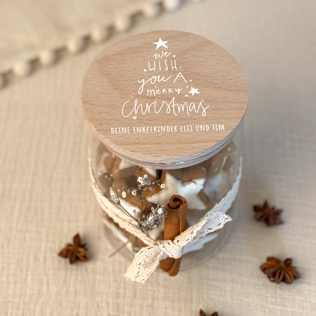 Personalisiertes Vorratsglas Weißdruck "we wish you a merry christmas"