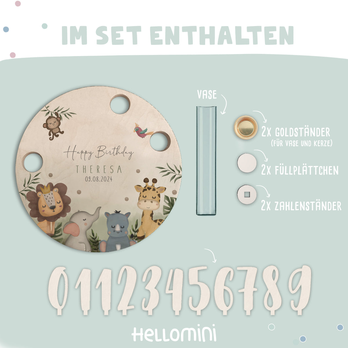 Personalisierter Geburtstagsteller Safari mit Kerzenhalter, Vase & Jahreszahlen