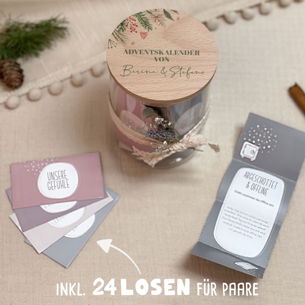 Personalisierter Paar-Adventskalender mit 24 Losen Aquarell "Zweig in der Ecke"