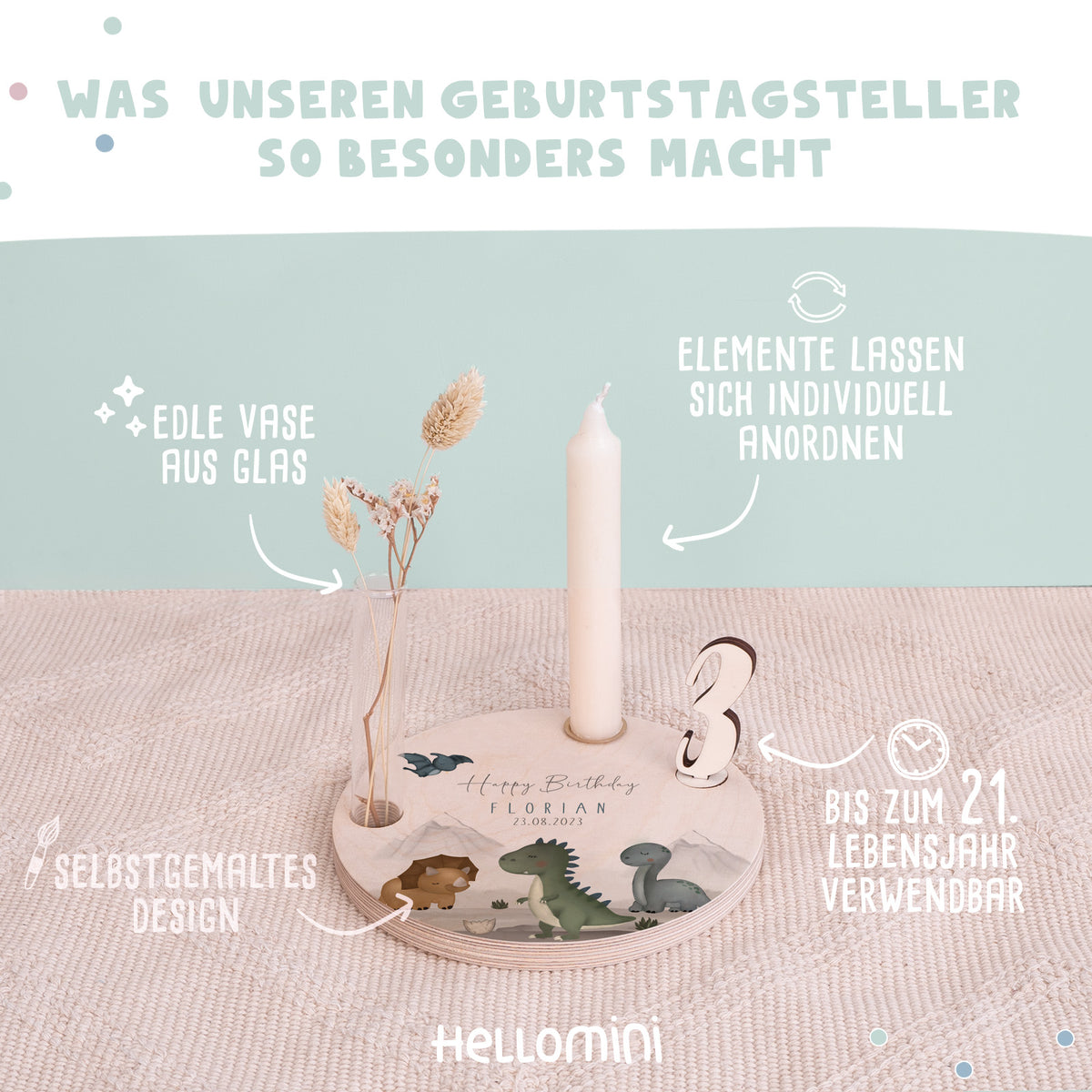 Personalisierter Geburtstagsteller Dinowelt mit Kerzenhalter, Vase & Jahreszahlen