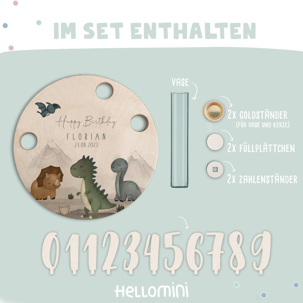 Personalisierter Geburtstagsteller Dinowelt mit Kerzenhalter, Vase & Jahreszahlen