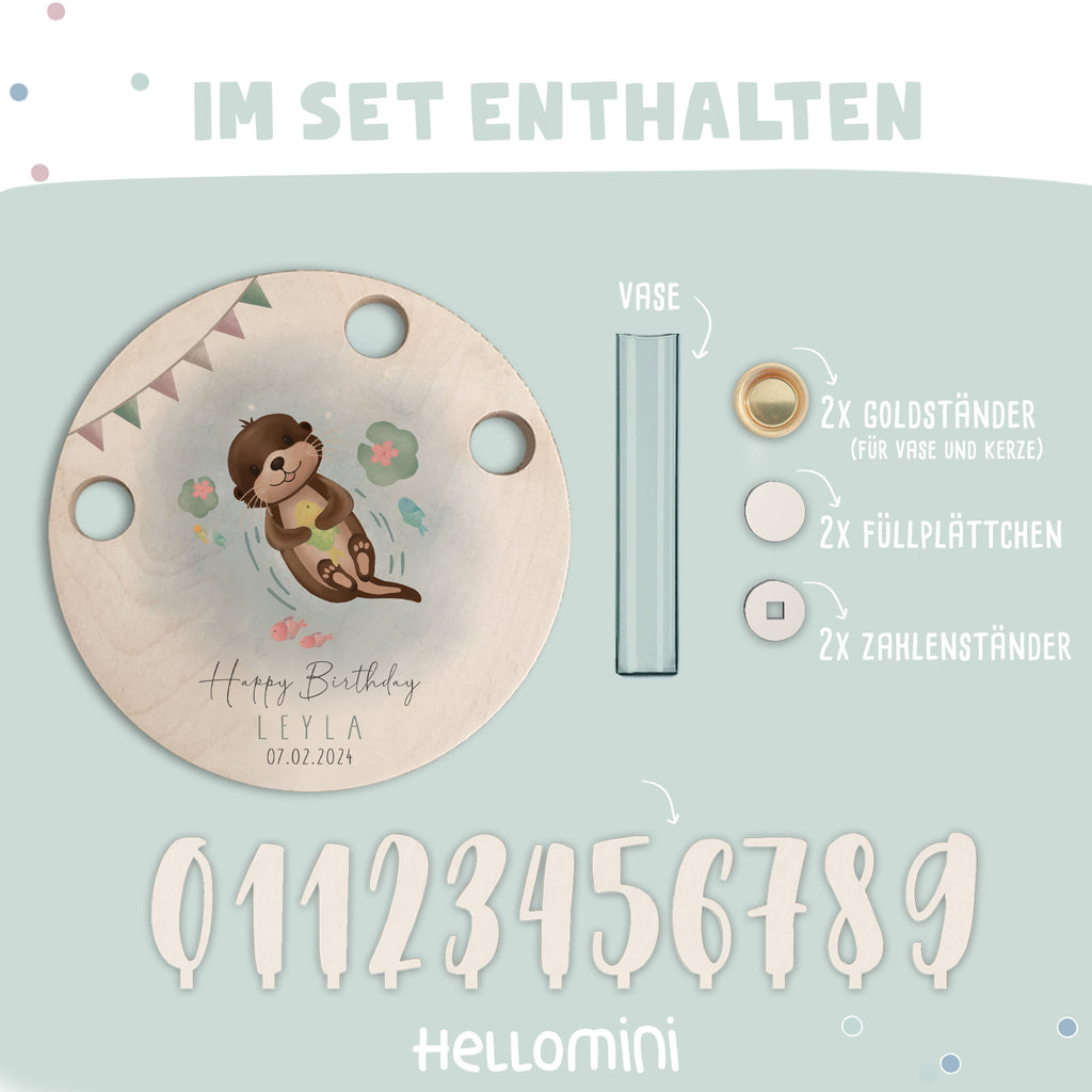 Personalisierter Geburtstagsteller Otter mit Kerzenhalter, Vase & Jahreszahlen