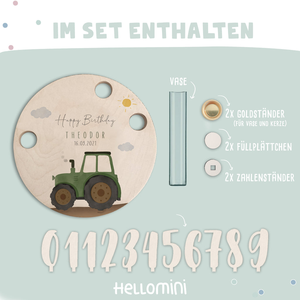 Personalisierter Geburtstagsteller Trecker mit Kerzenhalter, Vase & Jahreszahlen