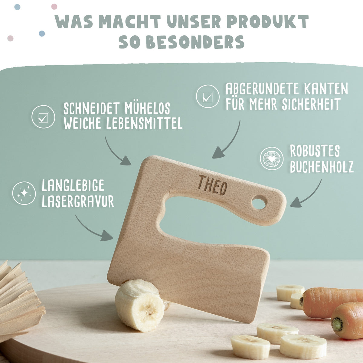 Personalisiertes Set aus Frühstücksbrettchen & Montessori-Kindermesser "Clean"