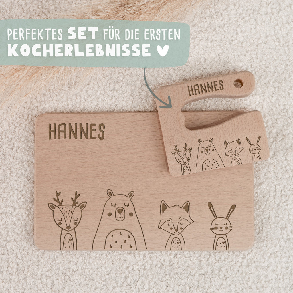 Personalisiertes Set aus Frühstücksbrettchen & Montessori-Kindermesser "Tierwelt"