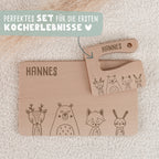 Personalisiertes Set aus Frühstücksbrettchen & Montessori-Kindermesser "Tierwelt"