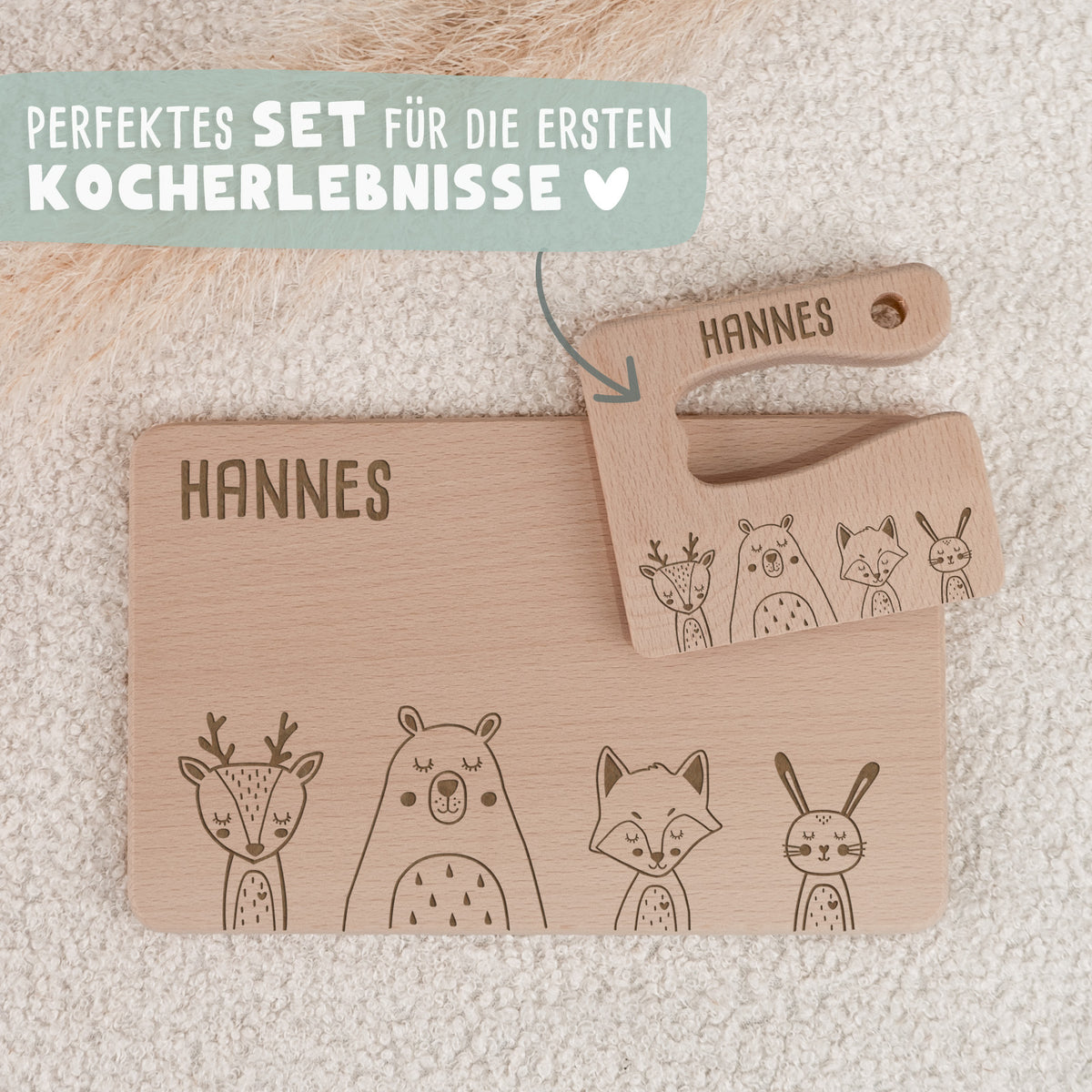 Personalisiertes Set aus Frühstücksbrettchen & Montessori-Kindermesser "Tierwelt"